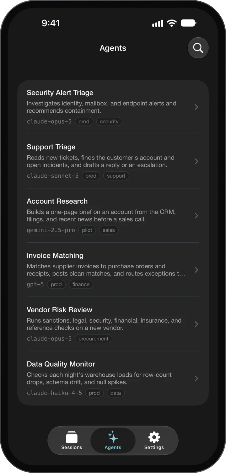 Recursion Managed Agents on iPhone: the agents list, each agent with its model and team